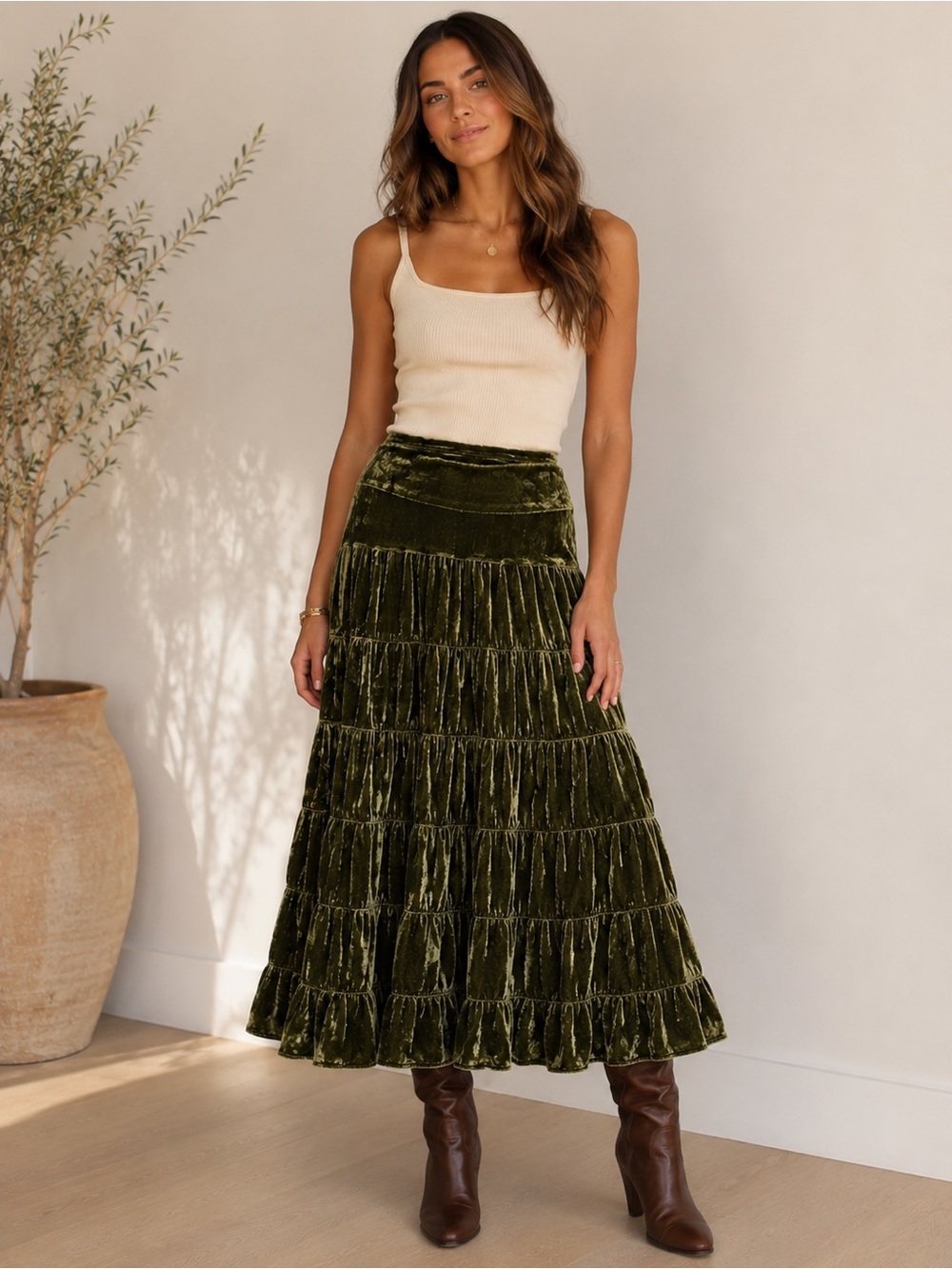 Vintage Uniform John Paul Richard Olive Crushed Velvet Tiered Midi Skirt S